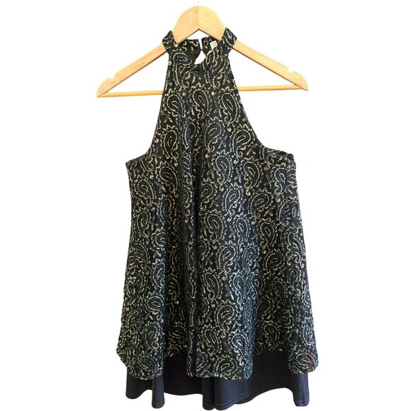 Ecote Black Gold Paisley Lace Halter Tank Top XS Cocktail Party Special Occasion - Picture 1 of 6